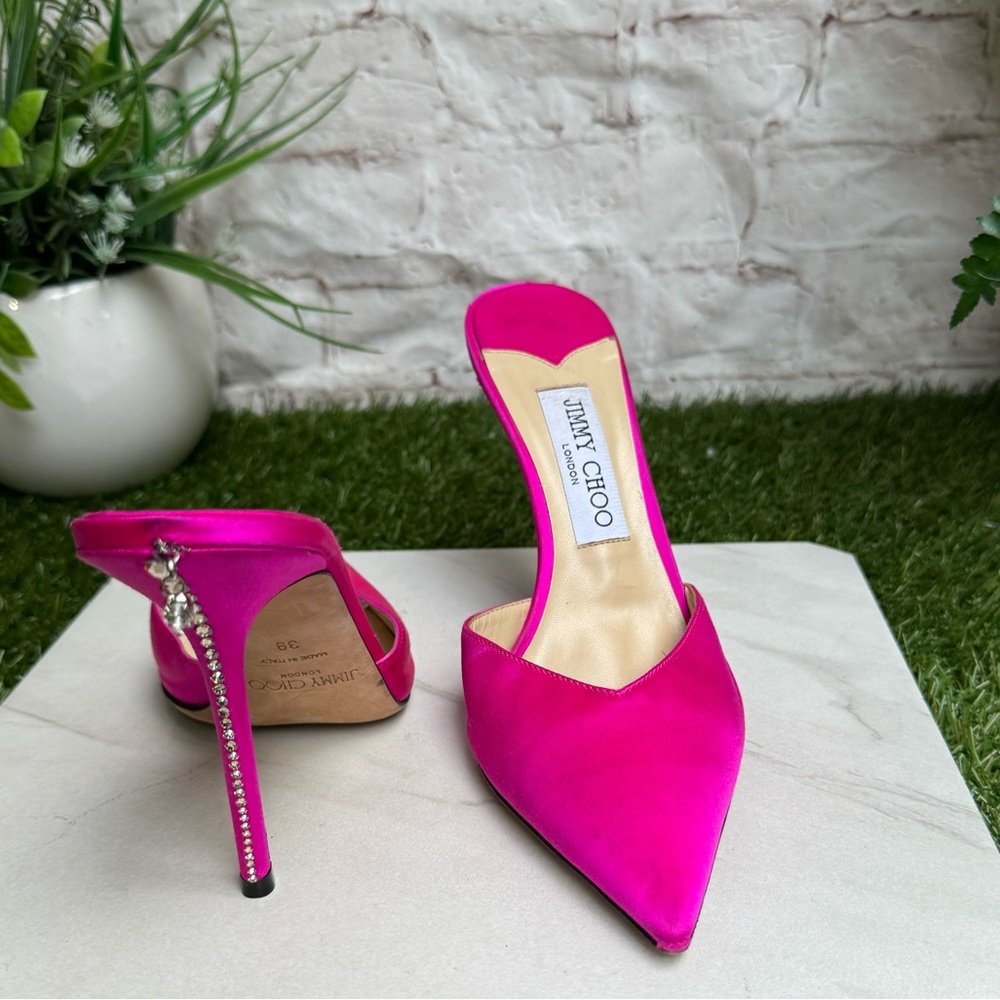 Jimmy Choo Hot Pink Satin stiletto mules, crystal embellishments 39